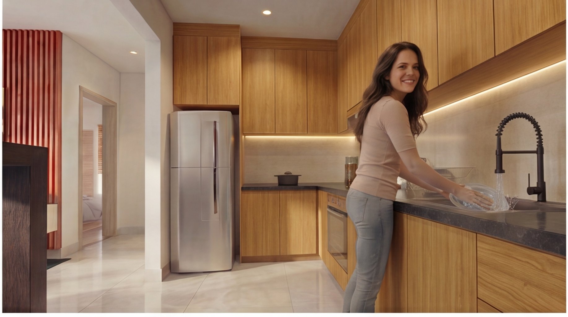 Ambientação ilustrativa da cozinha com acabamento premium