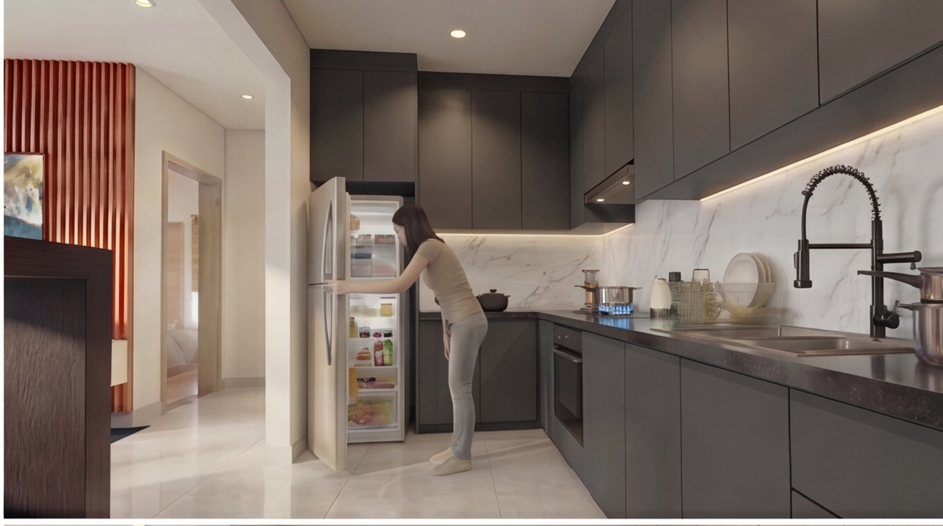 Ambientação ilustrativa da cozinha em tons naturais