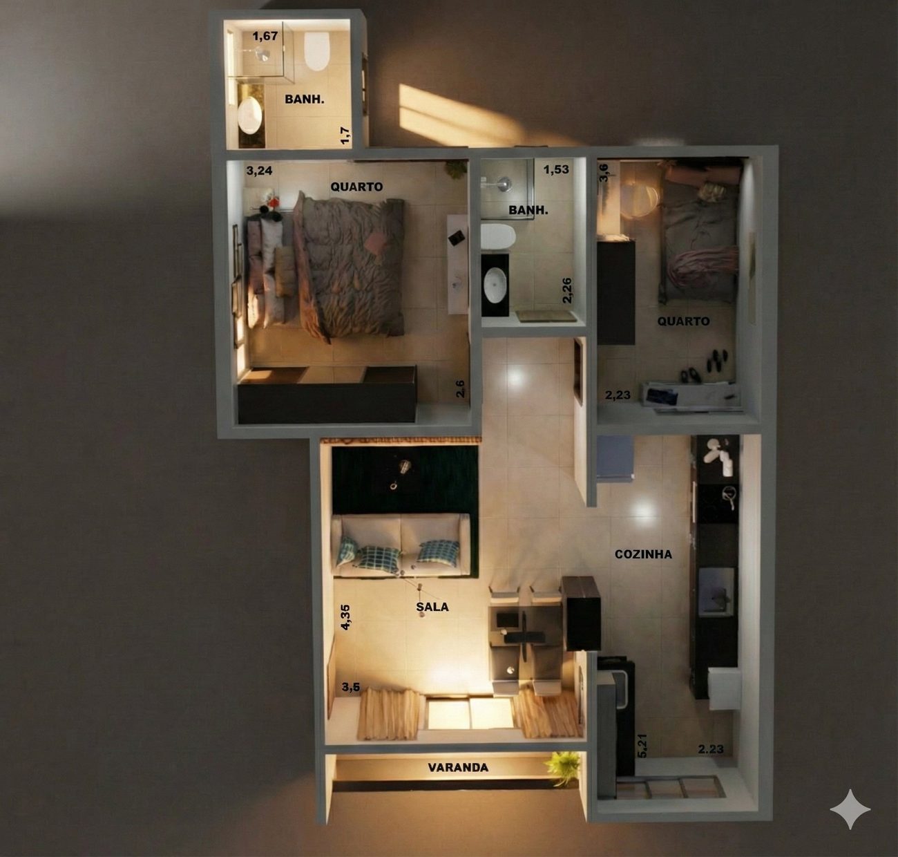Planta humanizada do apartamento de 66m²